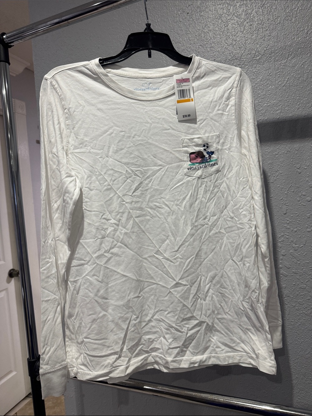 Vineyard Vines White Long-Sleeve Pocket Tee with Whale Graphic